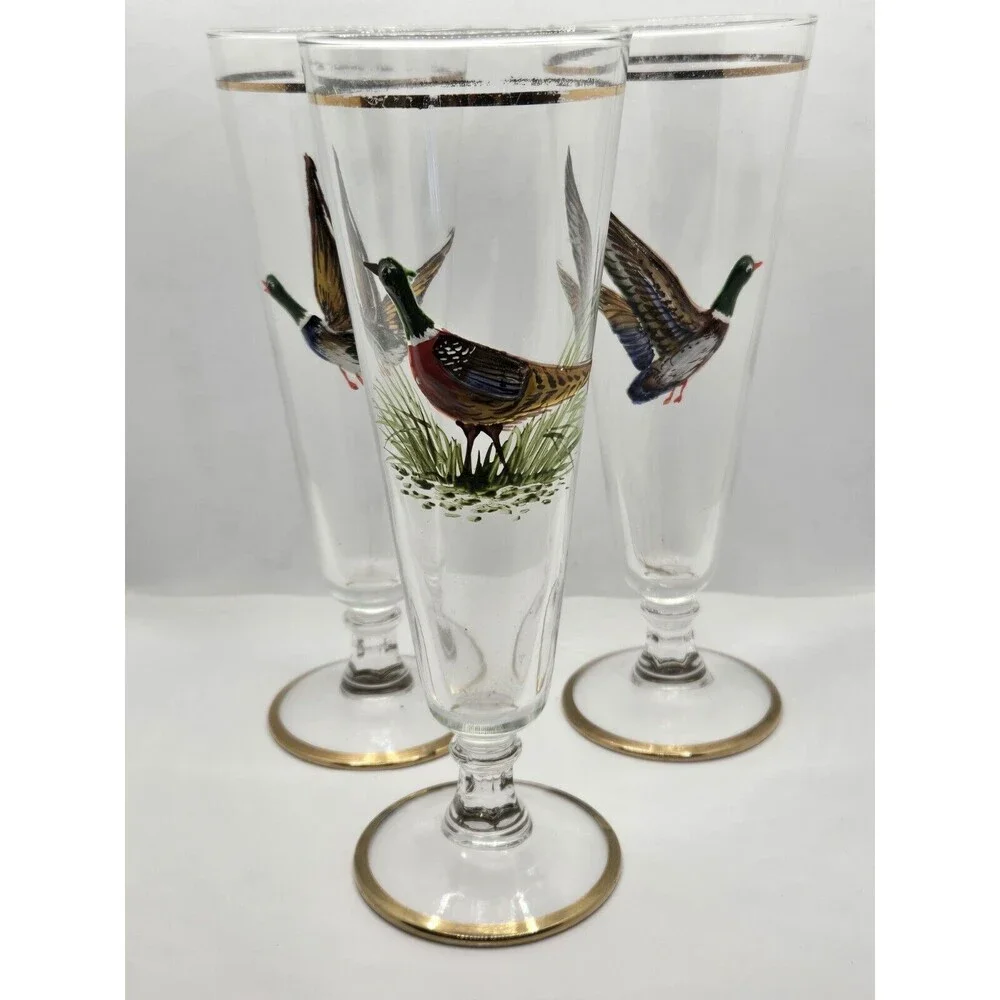 Set of 5 Vintage Wildlife Fowl Birds Pilsner Beer Glasses